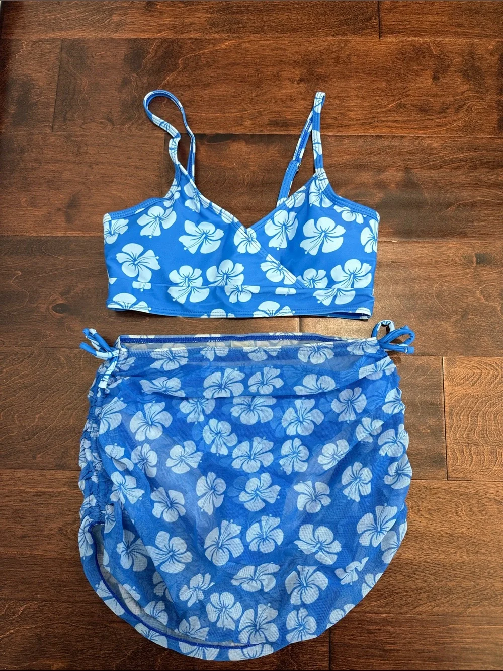 NEW 3-Piece Girls Swim Suit Set Bikini Bathing Blue Hibiscus Tropical Print, 10